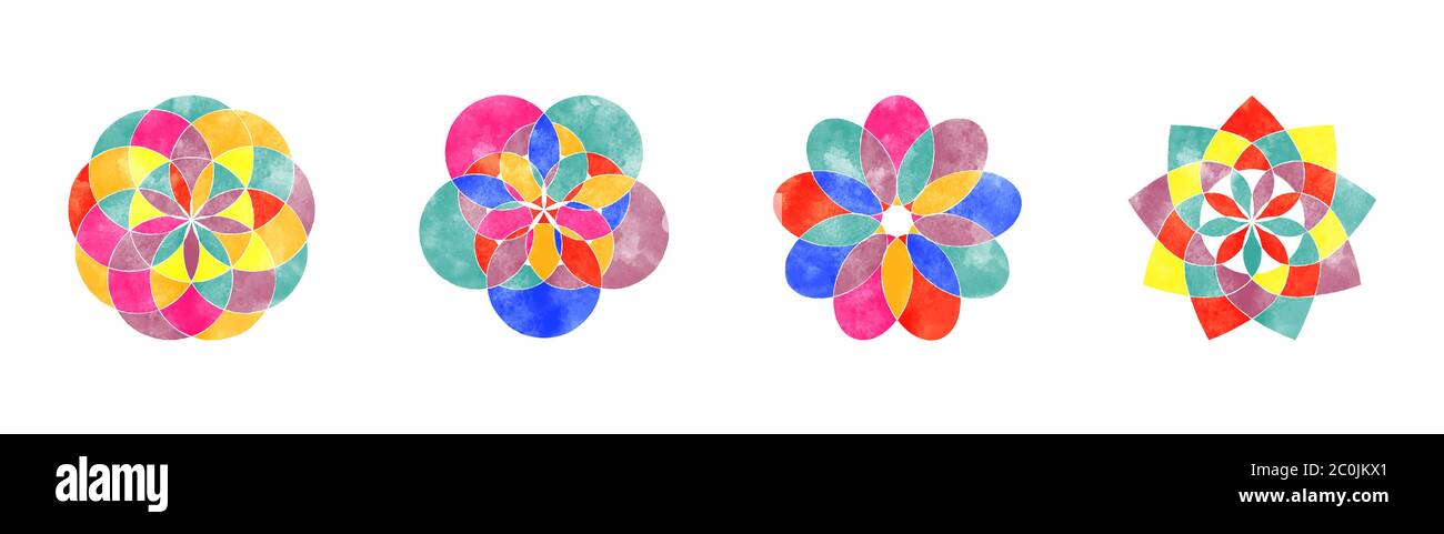 Décor indien abstrait mandala ou géométrique sacrée avec cercle de fleurs coloré et texture de peinture aquarelle tendance sur fond blanc isolé Illustration de Vecteur