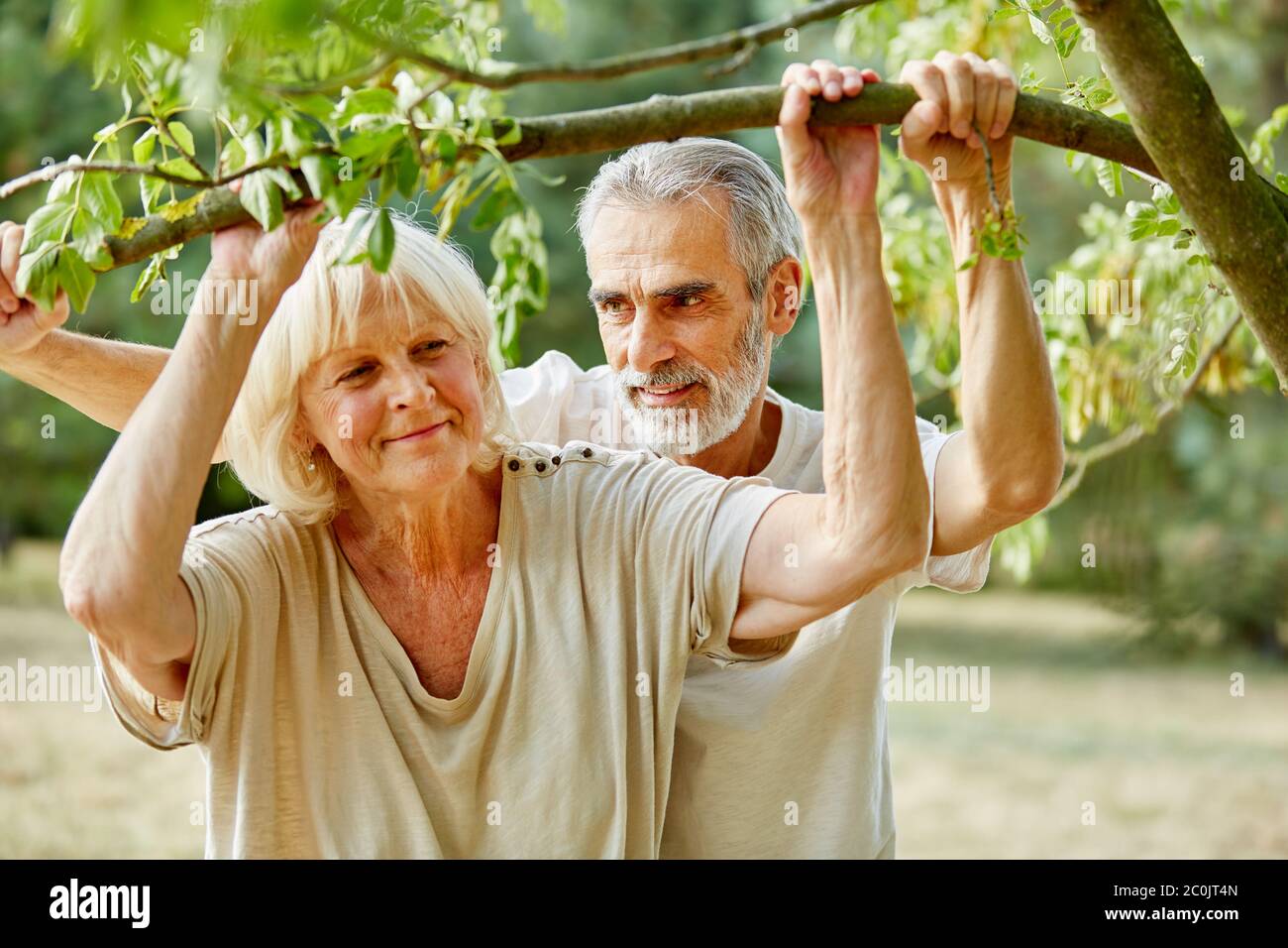 Un couple heureux de personnes âgées se tient sous un arbre en été Banque D'Images