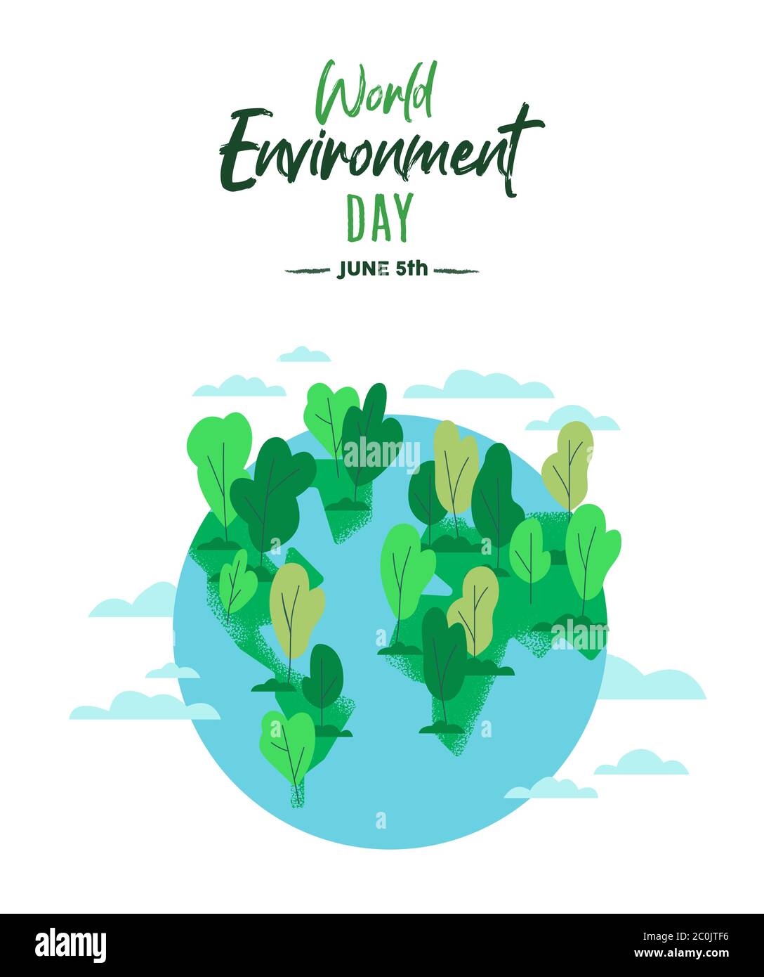 Journée mondiale de l'environnement illustration de la terre verte pour les vacances nature du 5 juin. Nettoyez la planète avec des arbres et de l'eau bleue dans un style de dessin animé plat. Illustration de Vecteur