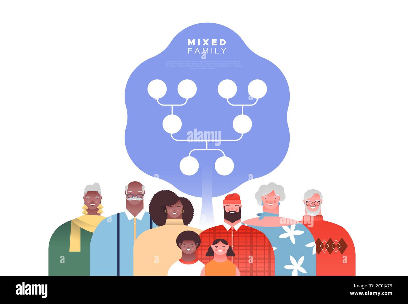 Grand mixte race famille personnes ensemble avec modèle d'arbre généalogique. Familles étude d'ascendance ou histoire concept d'éducation sur fond blanc isolé. Illustration de Vecteur