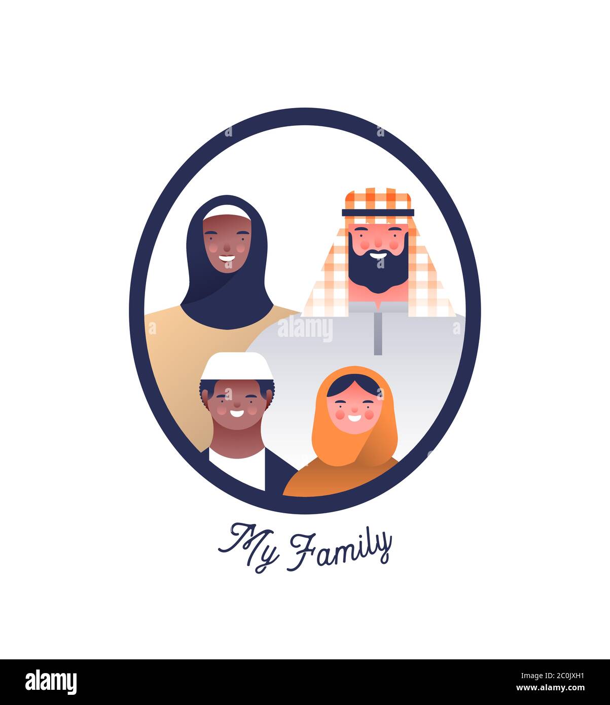 Cadre photo de famille arabe musulmane avec maman, papa, grand-parents et enfants heureux. Familles étude d'ascendance ou concept de culture d'immigrants sur blanc isolé b Illustration de Vecteur