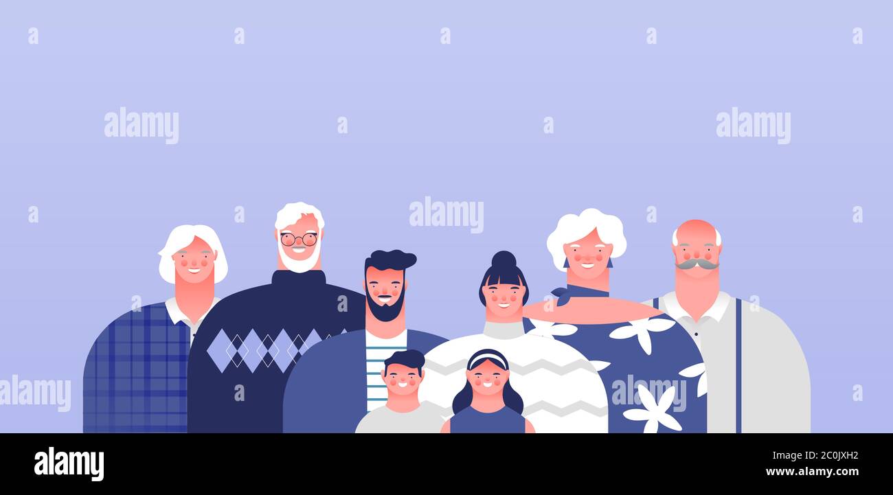 Grand famille heureux ensemble avec arrière-plan vide de l'espace de copie. L'ascendance des familles ou concept de ménage moderne. Comprend maman, papa, grands-parents et enfant Illustration de Vecteur