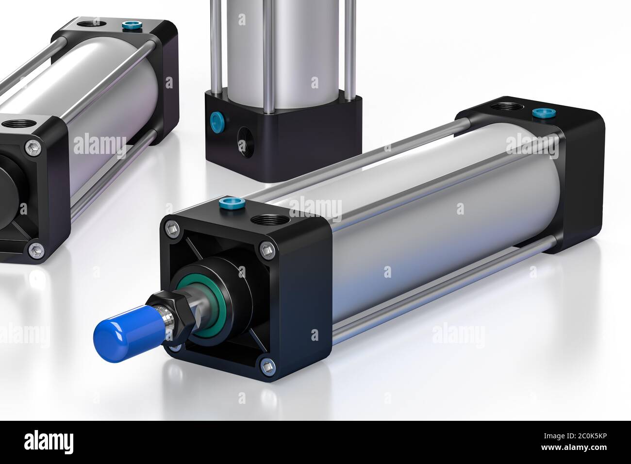 Cylindre à piston pneumatique double action isolé sur fond blanc avec réflexion - rendu 3D Banque D'Images