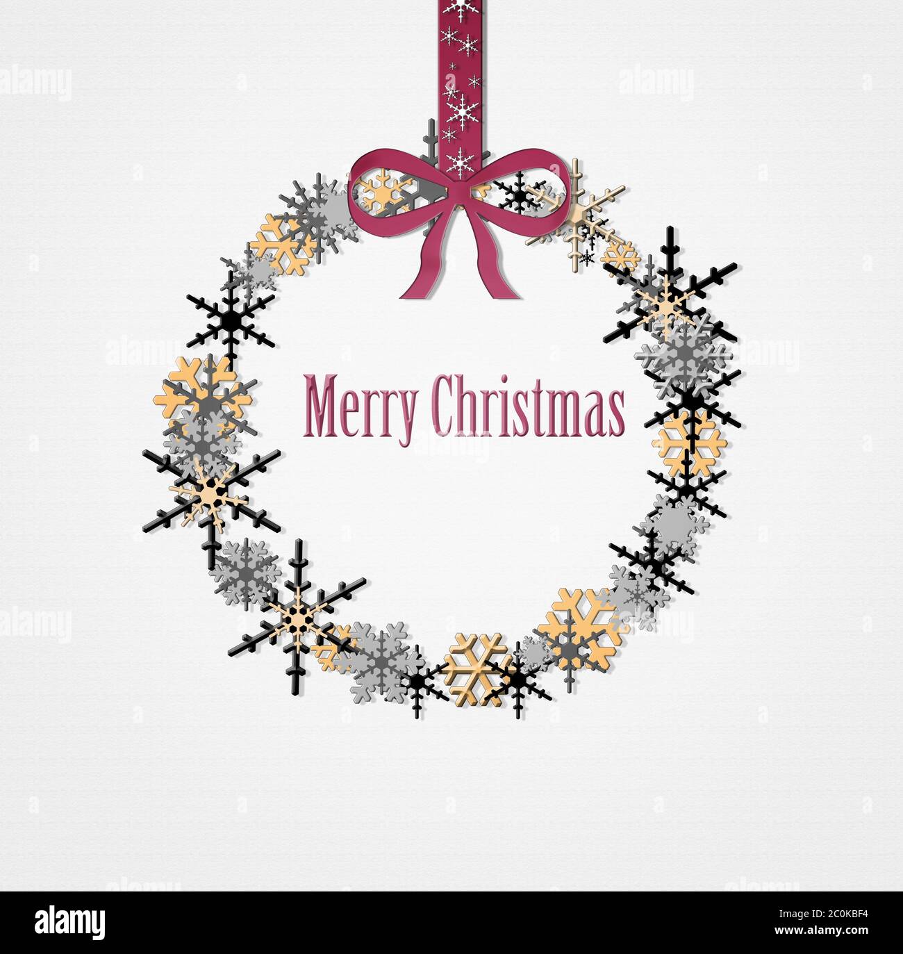 Lettres de Noël joyeux avec flocons de neige dorés, noirs et argentés en forme de couronne. Carte de vœux de luxe pour Noël. Illustration Banque D'Images