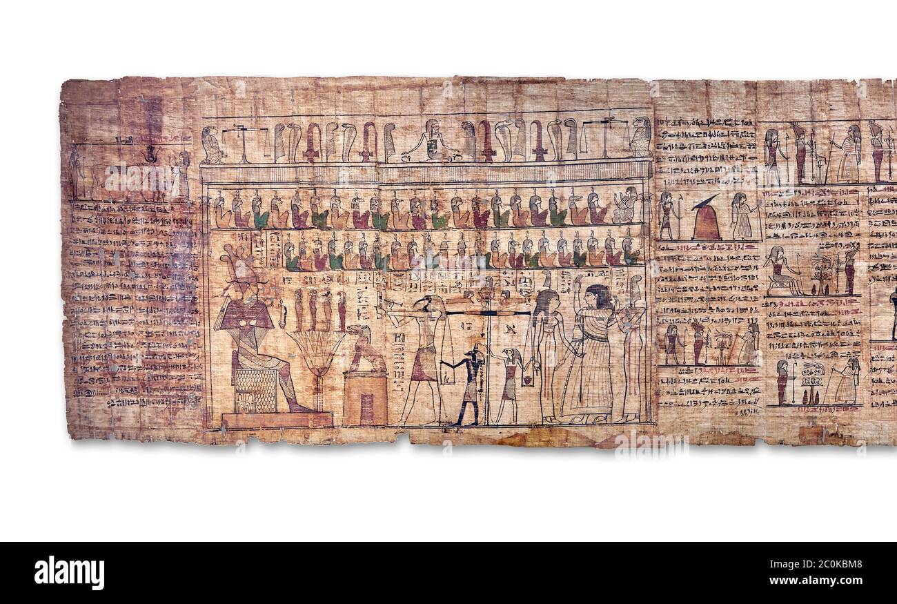 Livre égyptien antique du papyrus mort - période ptoléméenne (722-30BC).Musée égyptien de Turin. Fond blanc Banque D'Images