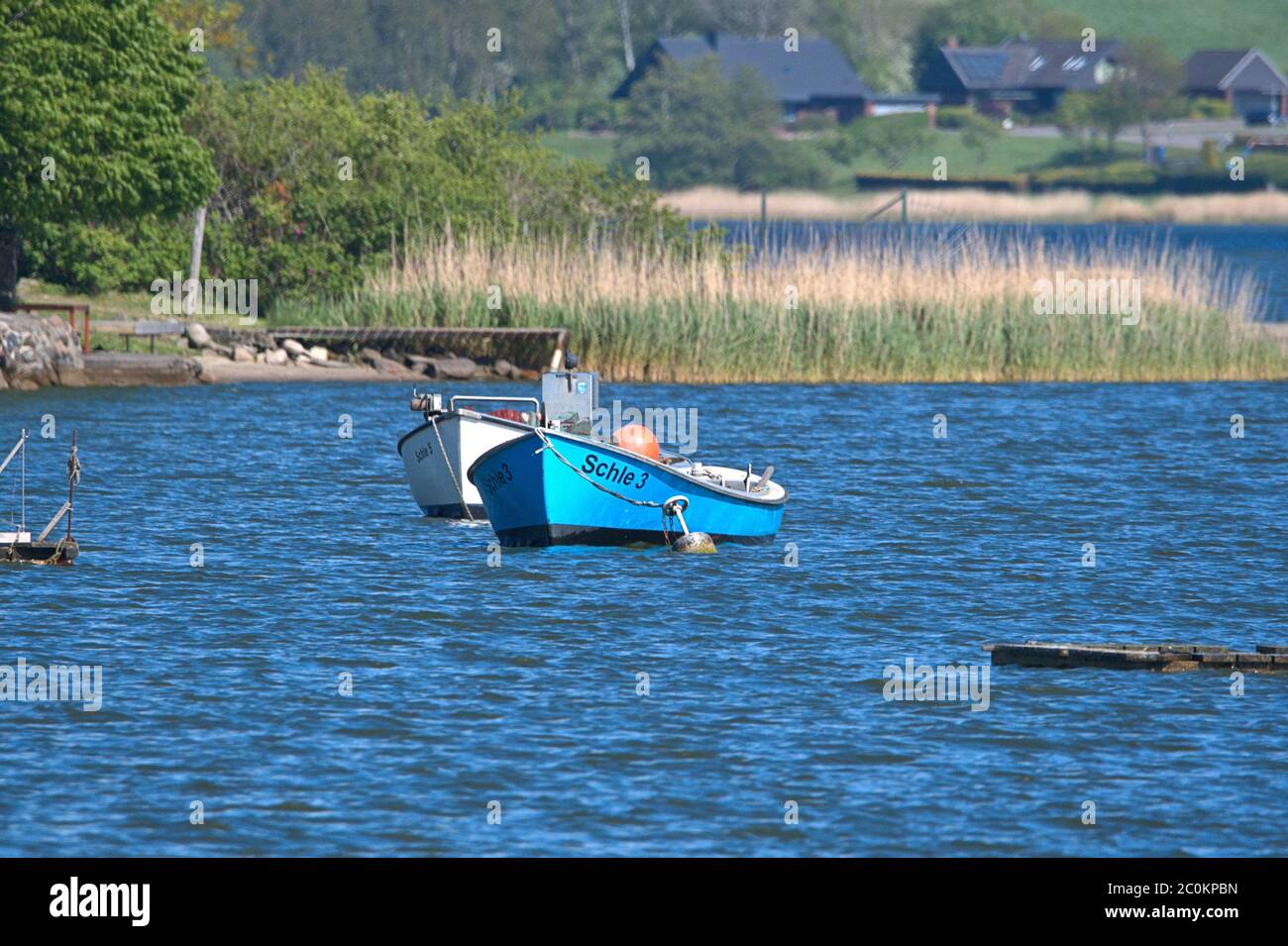 Schleswig, Allemagne. 19 mai 2020. 19.05.2020, Schleswig, deux bateaux 'Schle 3' et 'Schle 5' des pêcheurs du Schleswig Holm reposent avec du matériel devant les résidents sur les rives du Schlei dans l'eau. | utilisation dans le monde crédit : dpa/Alay Live News Banque D'Images