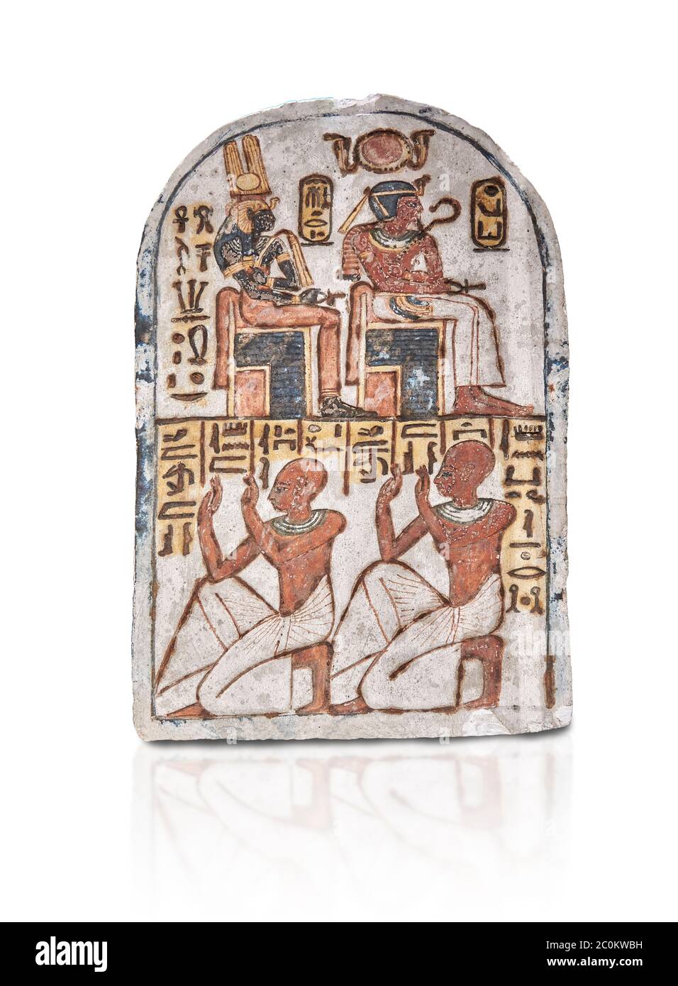 Ancien stèle égyptien d'Amenemope dédié à Amenhotep I et Ahmose-Nefertari, calcaire, Nouveau Royaume, 19e dynastie, (1279-1213 av. J.-C.), Deir el-Medini Banque D'Images