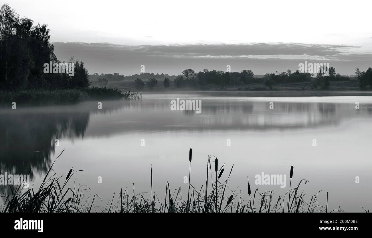 Le paysage du matin avec lever du soleil sur l'eau en t Banque D'Images