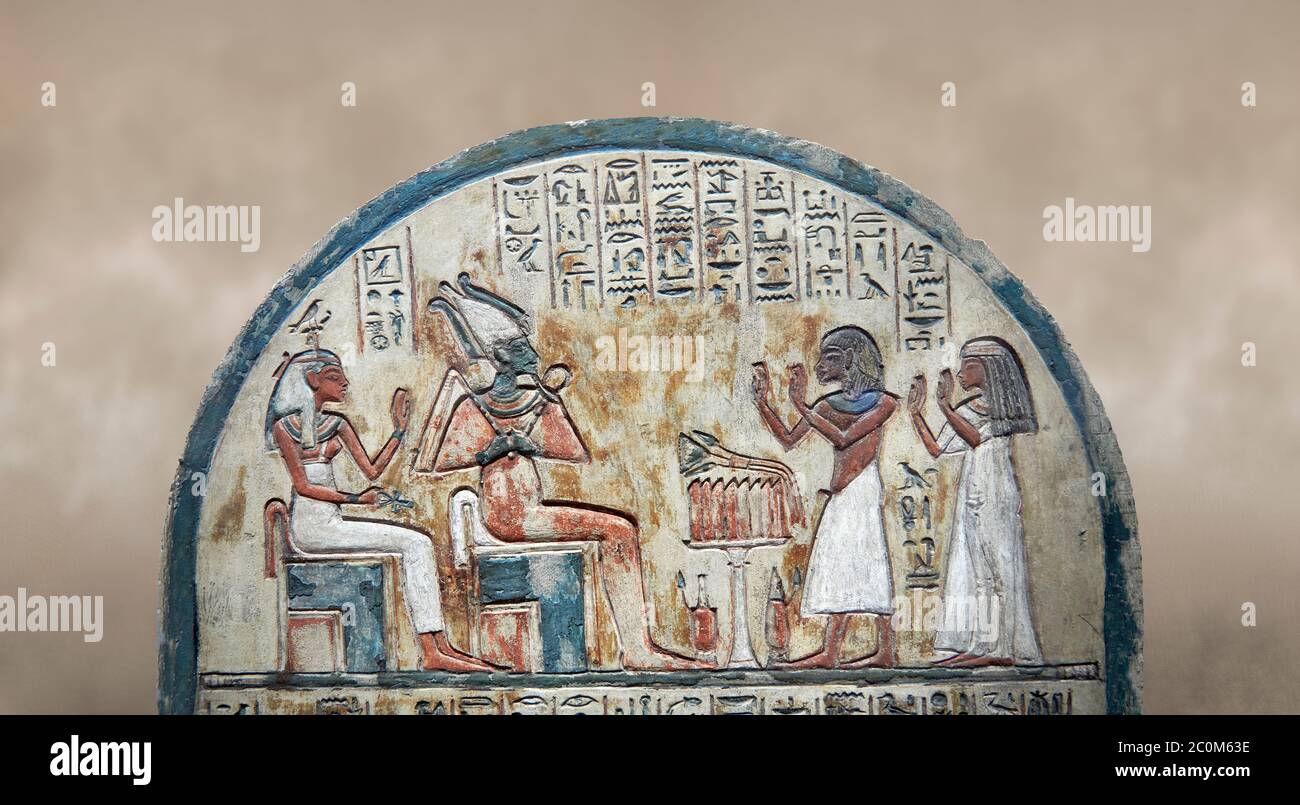 Stèle funéraire égyptienne antique du peintre Maya, calcaire, Nouveau Royaume, 18e dynastie, (1336-1292 av. J.-C.), Deir el-Medina, Musée égyptien, Turin. Conduit Banque D'Images