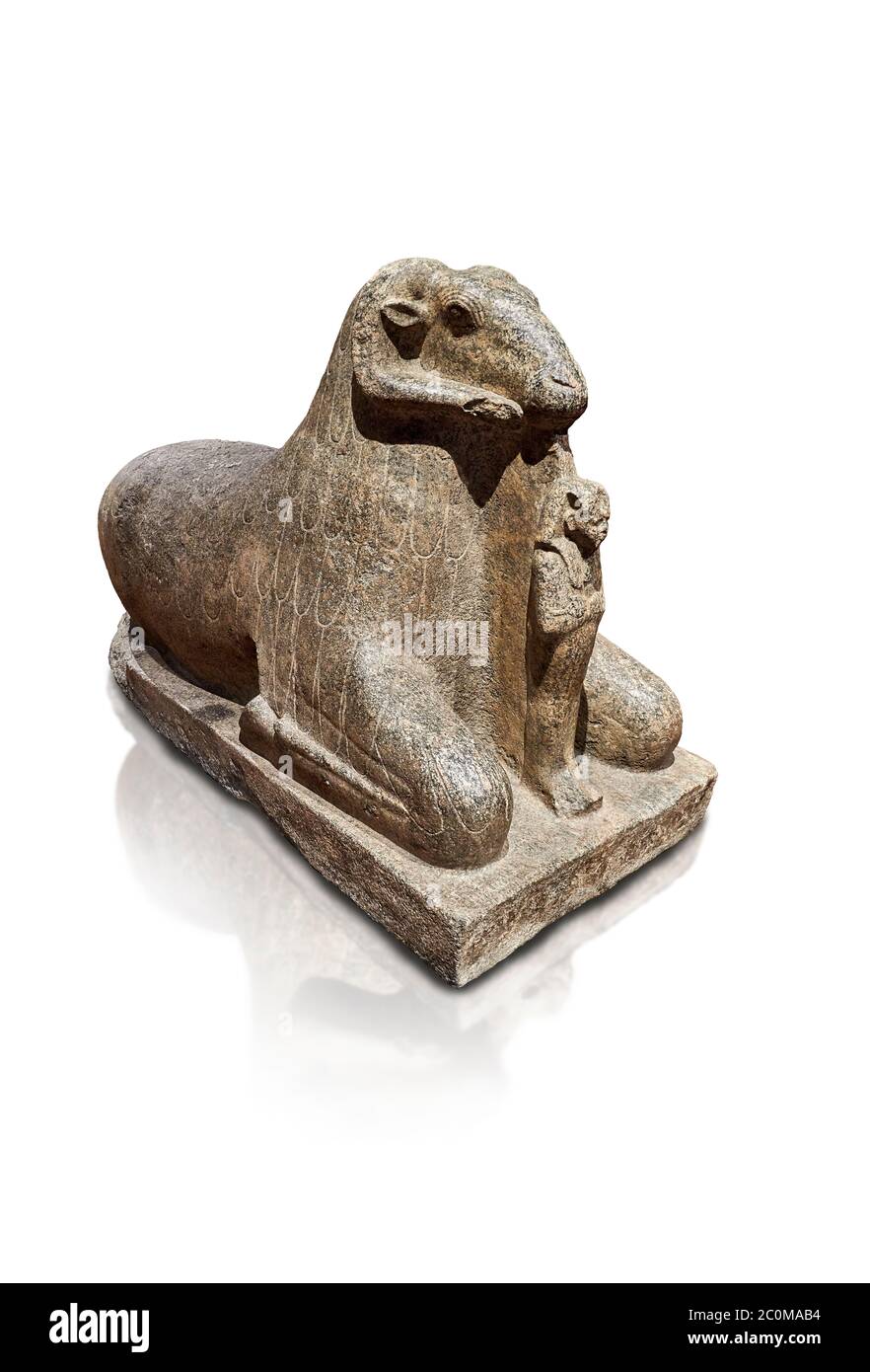 Ancienne statue égyptienne d'une RAM protégeant le roi Amenhotep III, granit, Nouveau Royaume, début de la 18e dynastie (1390-1353), Karnak, Temple de Mut. Égyptien Banque D'Images