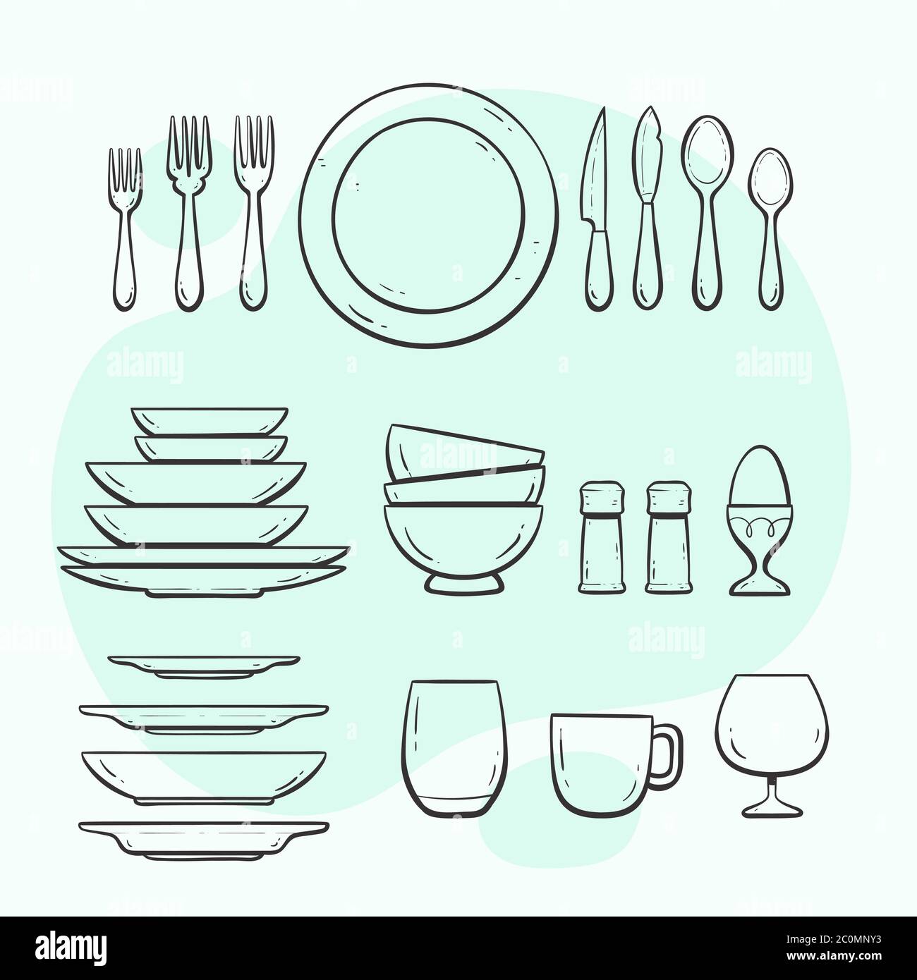 Ustensiles de cuisine. Assiettes, verres et couverts. Collection style  Doodle avec contour Image Vectorielle Stock - Alamy