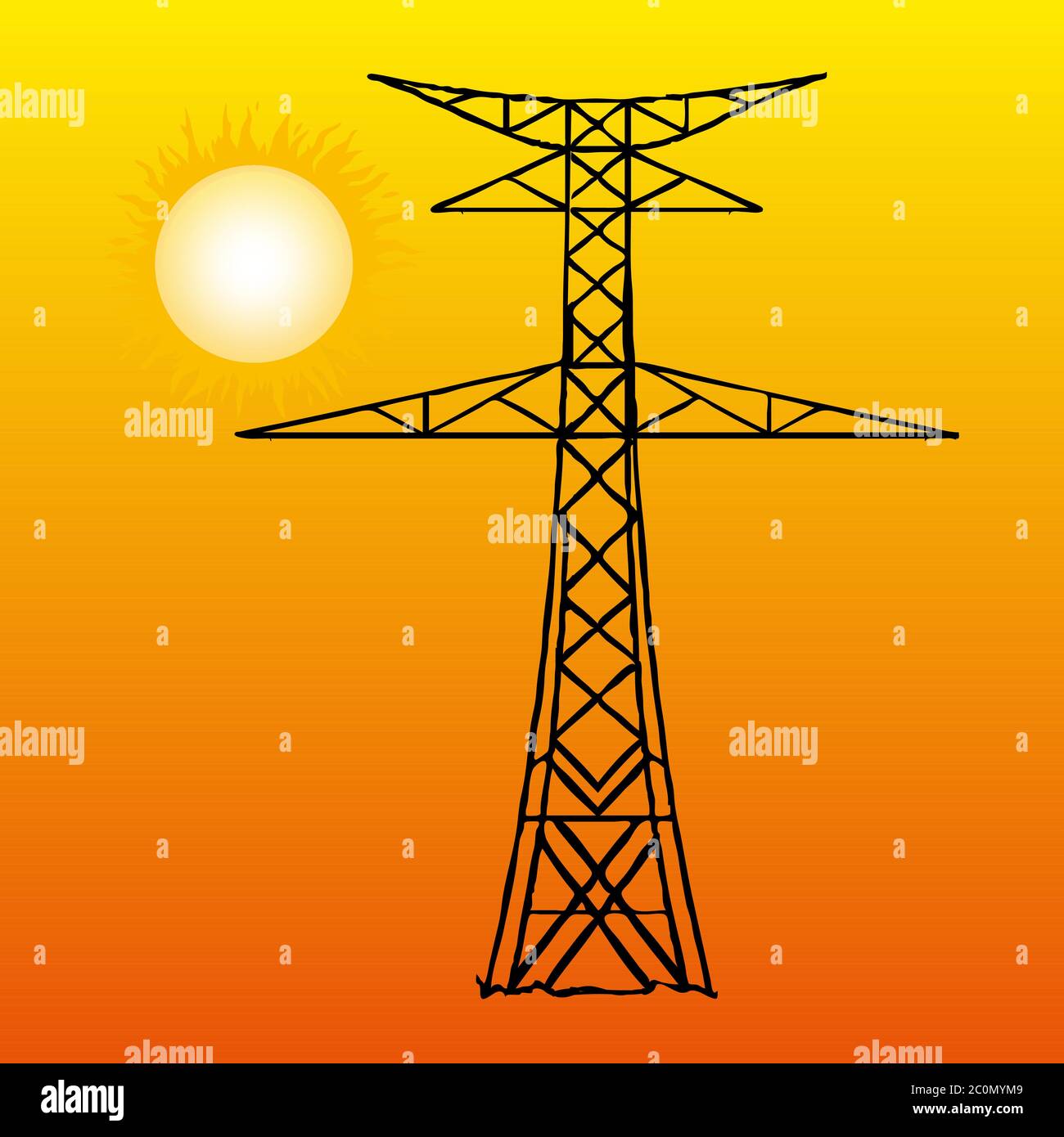 Silhouette de lignes haute tension sur fond orange. Illustration vectorielle. Illustration de Vecteur