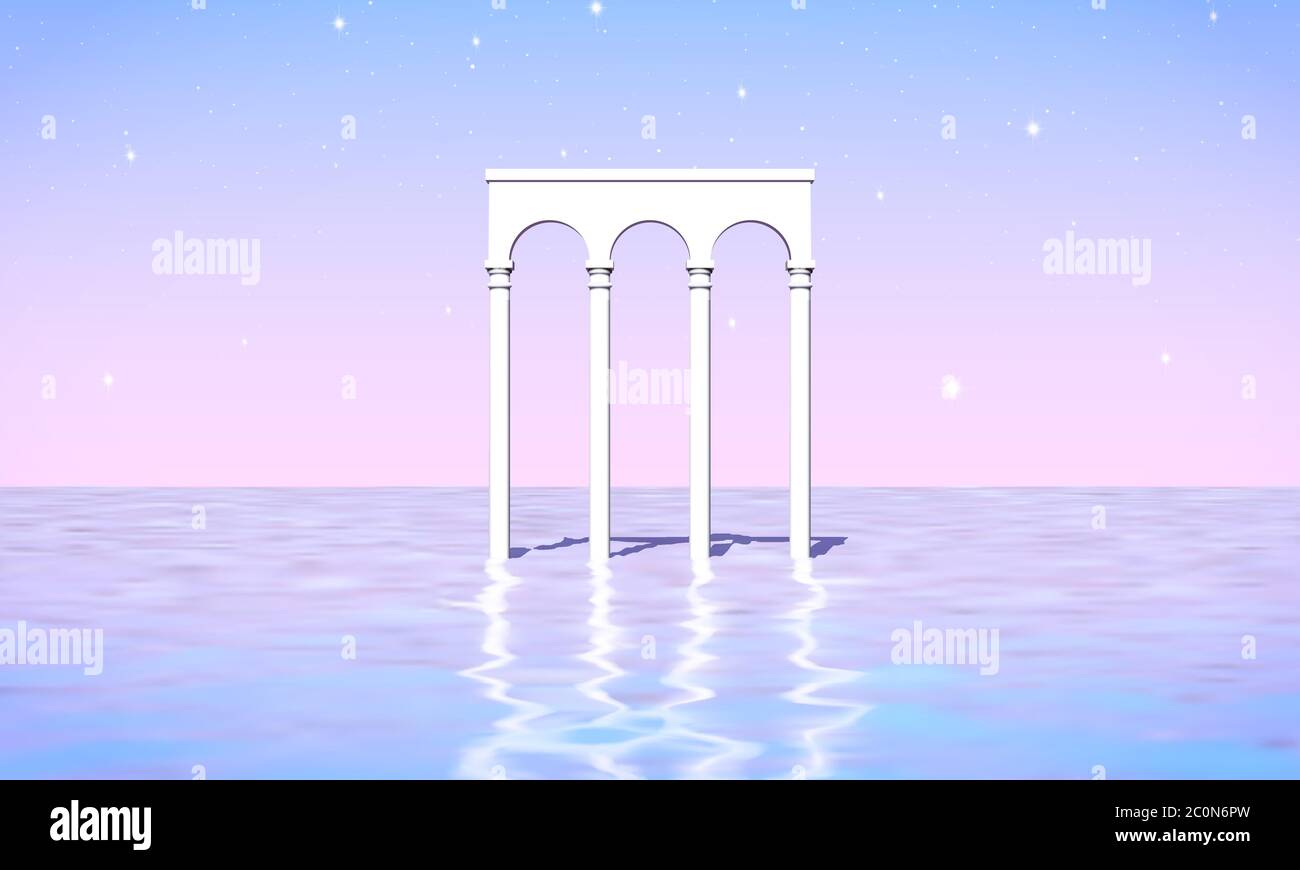 Paysage esthétique avec colonnade de piliers blancs dans la mer surréaliste. fond vaporwave style années 90 ou 80 avec couleurs pastel rose et bleu coucher de soleil Illustration de Vecteur