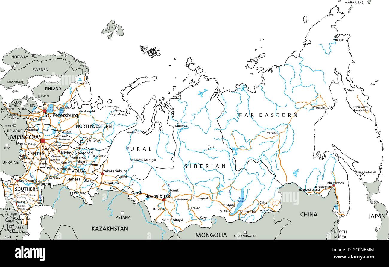 Feuille de route détaillée de la Russie avec étiquetage. Illustration de Vecteur