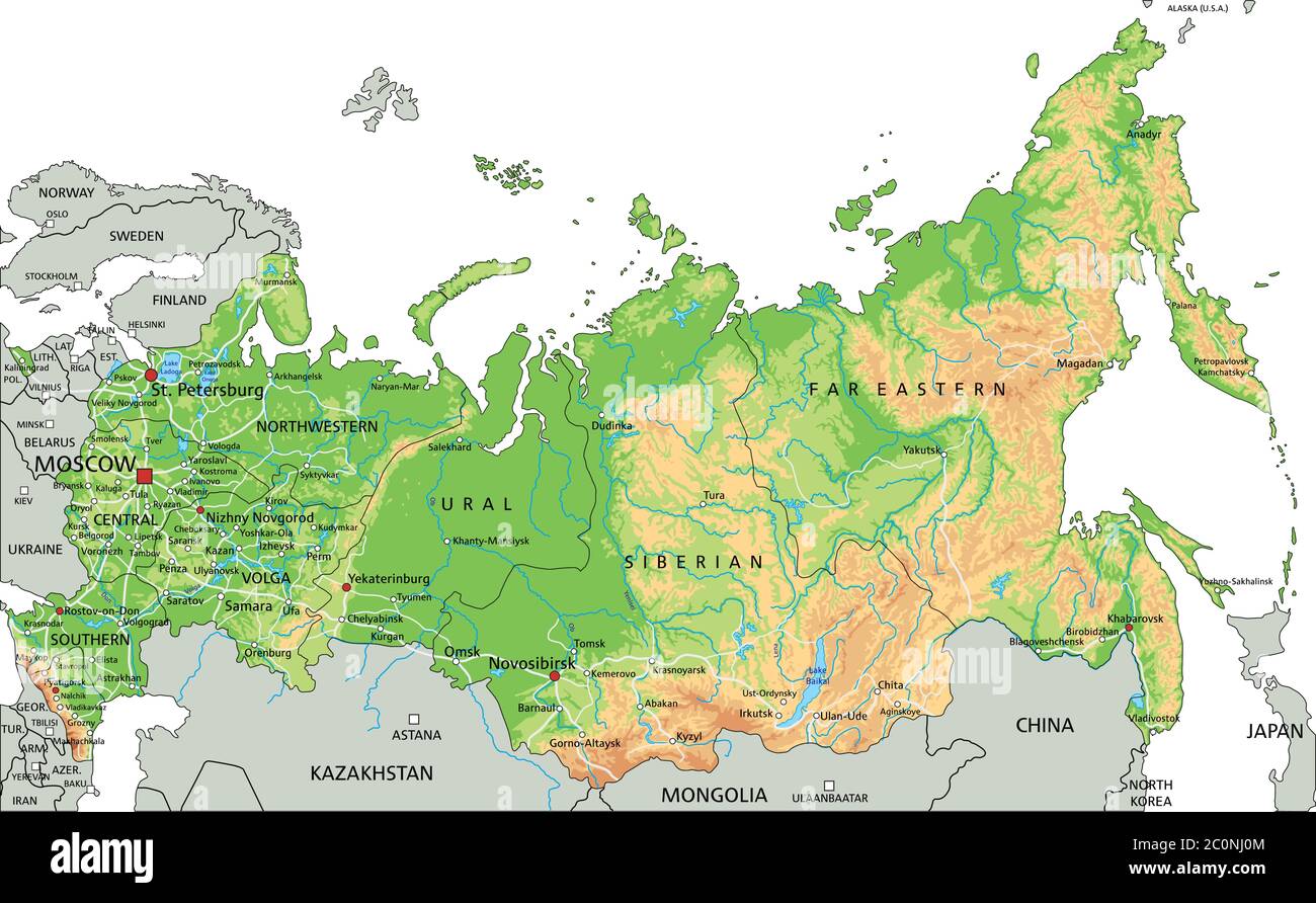 Carte physique russe haute précision avec étiquetage. Illustration de Vecteur