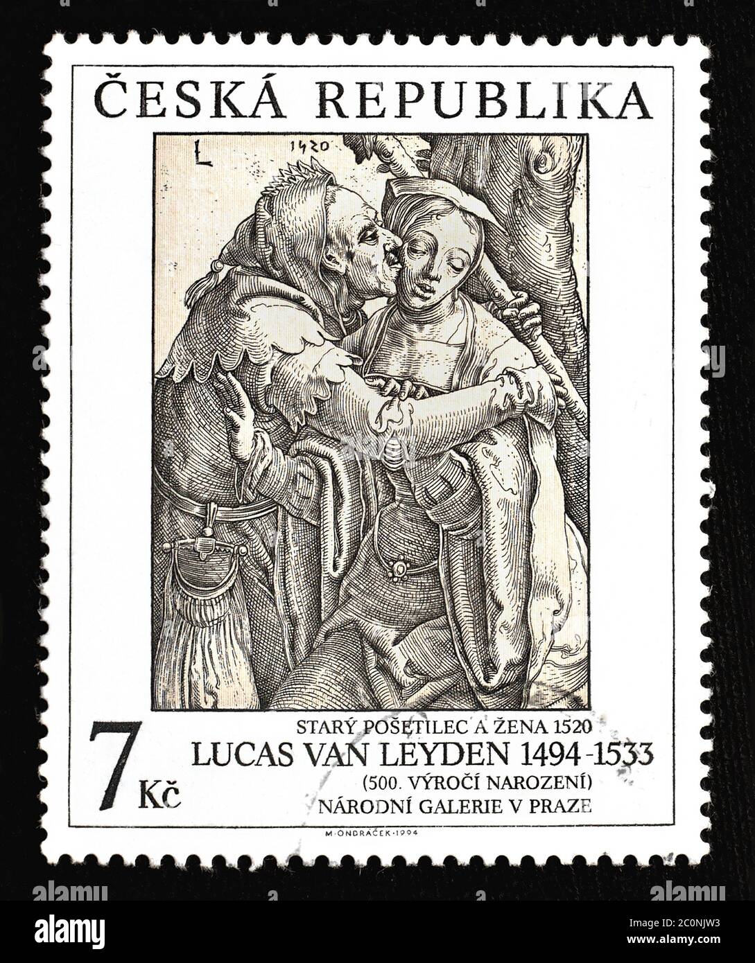Lucas van Leyden (1494 - 1533) une ancienne Fool et une femme - créé en 1520; Timbre imprimé en République tchèque, d'une valeur de 7 couronnes tchèques; Prague vers 1994 Banque D'Images