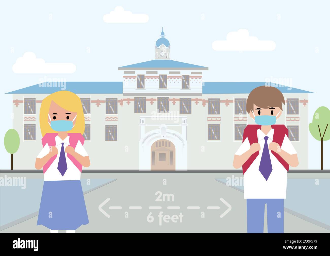 Retour à l'école pour un nouveau concept de mode de vie normal. Garçon et fille étudiant portant un masque facial et la distance sociale protègent contre le coronavirus covid-19 Banque D'Images Retour à l'école pour un nouveau concept de mode de vie normal. Garçon et fille étudiant portant un masque facial et la distance sociale protègent contre le coronavirus covid-19 Banque D'Images