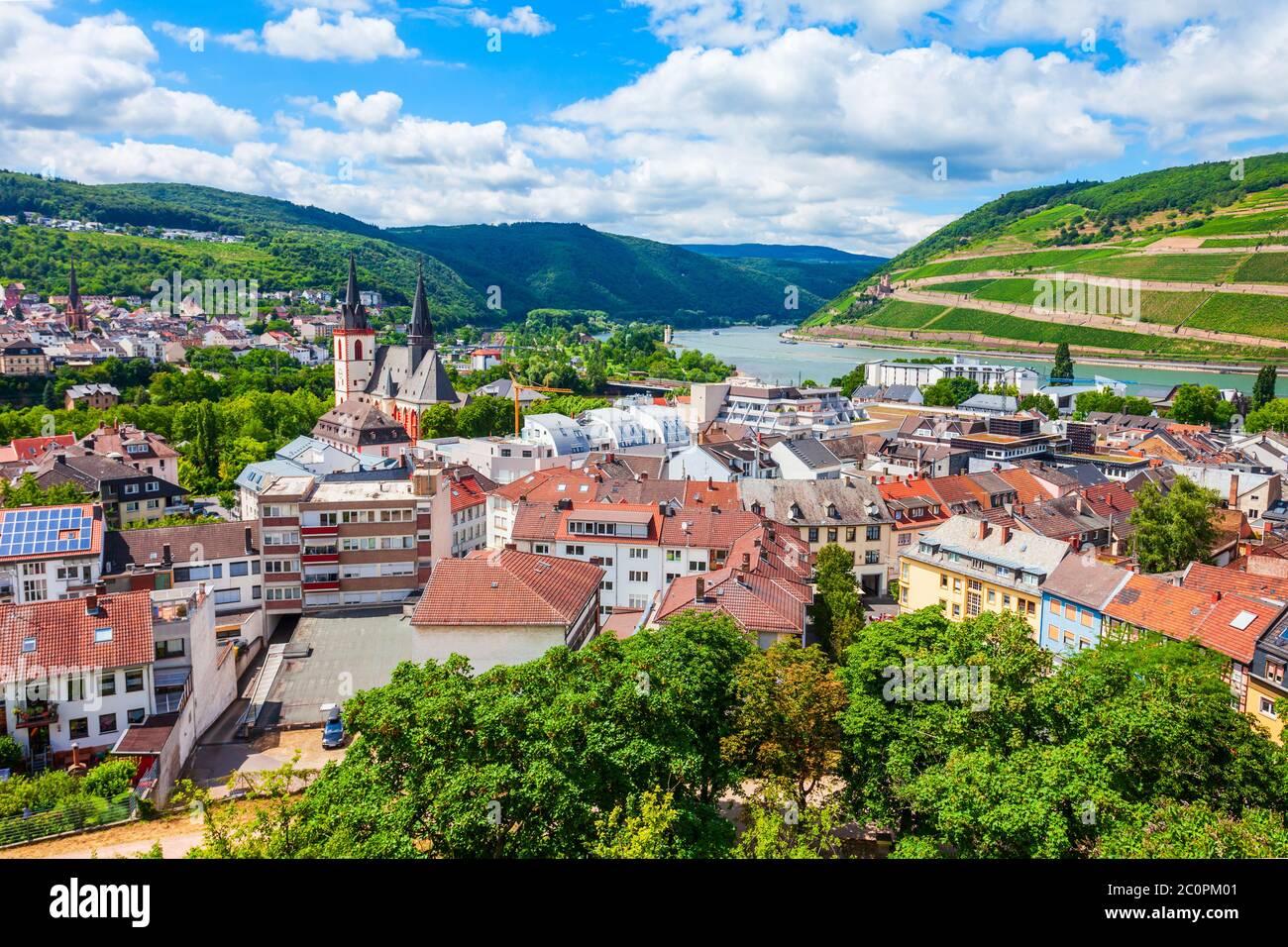 Bingen am Rhein ville vue panoramique aérienne dans la vallée du Rhin en Allemagne Banque D'Images