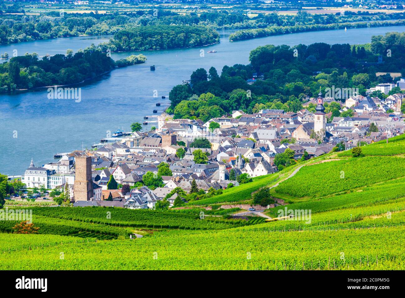 Vignes, Rudesheim am Rhein et Bingen am Rhein ville vue panoramique aérienne dans la vallée du Rhin, Allemagne Banque D'Images