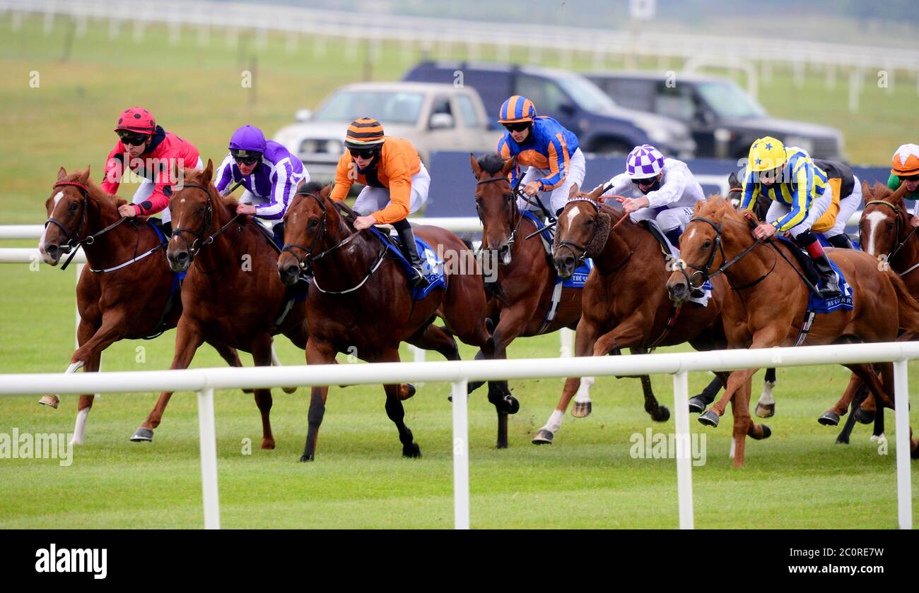 L'amiral Nelson, monté par Wayne Lordan (silks orange et bleu), remporte la Tally-Ho Stud Irish EBF Maiden à l'hippodrome de Curragh. Banque D'Images
