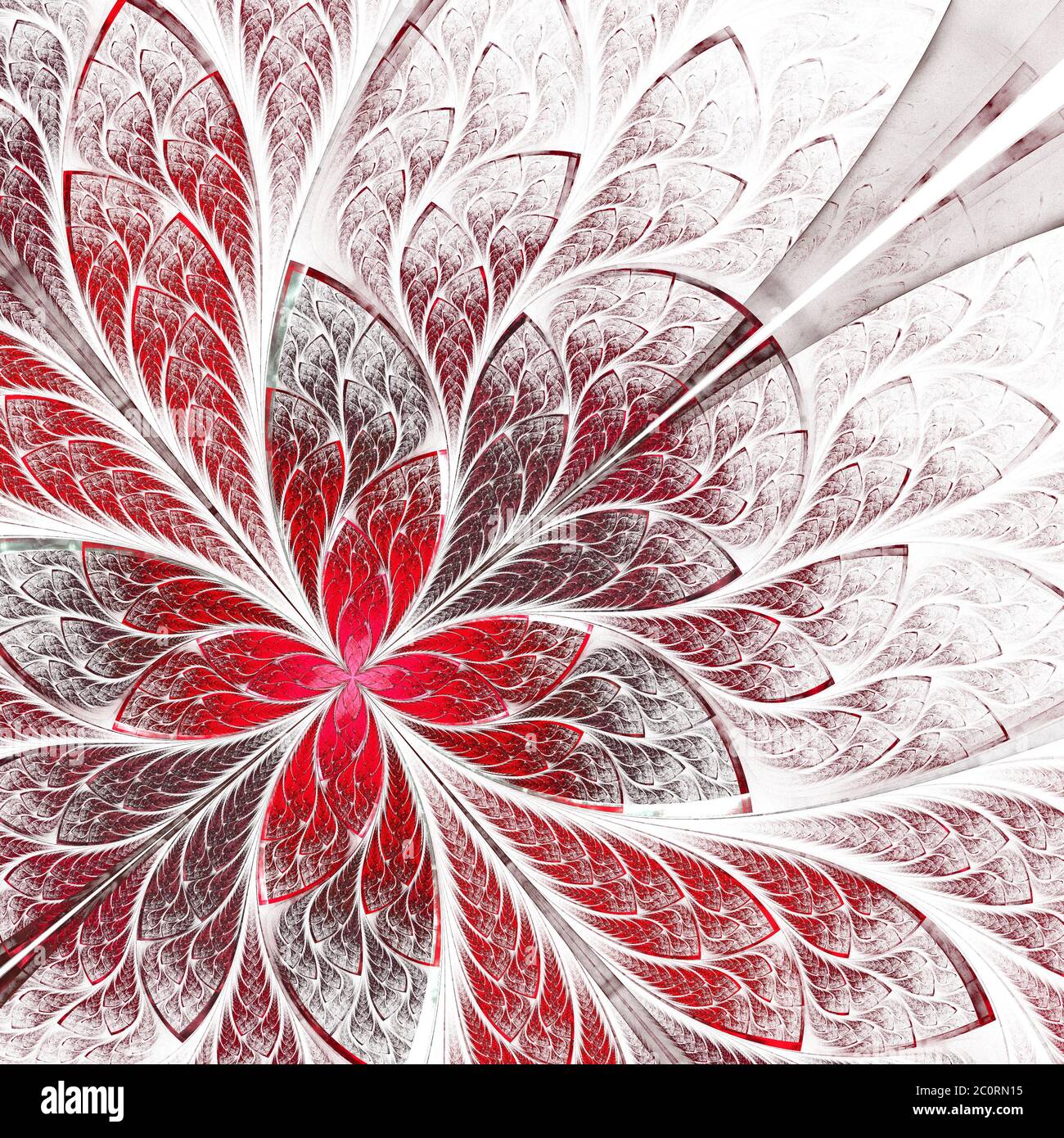 Motif floral symétrique de style vitrail. Palette rouge et blanc. Graphiques générés par ordinateur. Banque D'Images