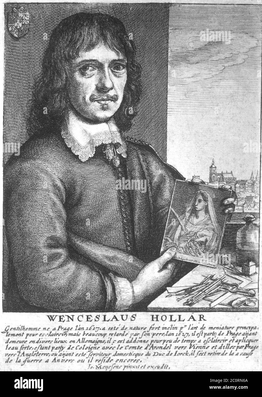 VENCESLAUS HIOLLAR (1607-16787) graveur de cartes bohème. Portrait avec le château de Prague en arrière-plan. Banque D'Images