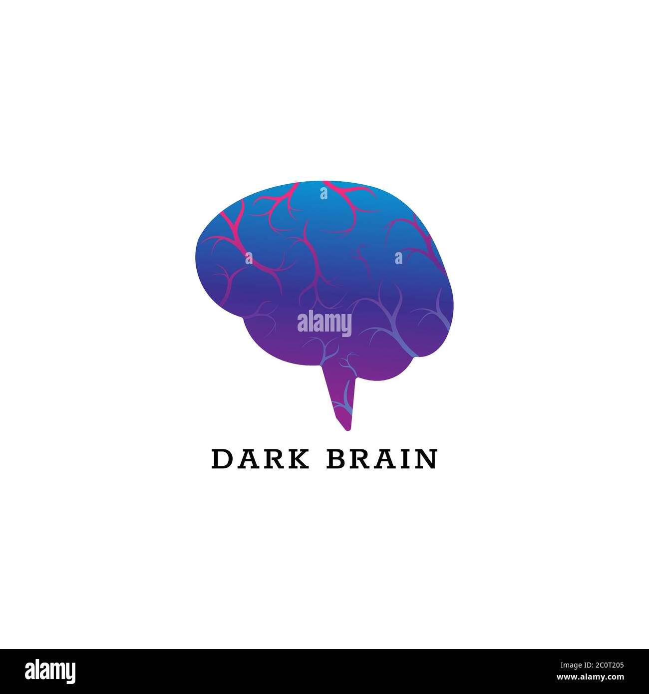 Modèle de conception du logo Dark Brain isolé sur fond blanc. Illustration du vecteur cerveau avec vaisseaux sanguins. Bleu Magenta violet dégradé de couleur violet Illustration de Vecteur
