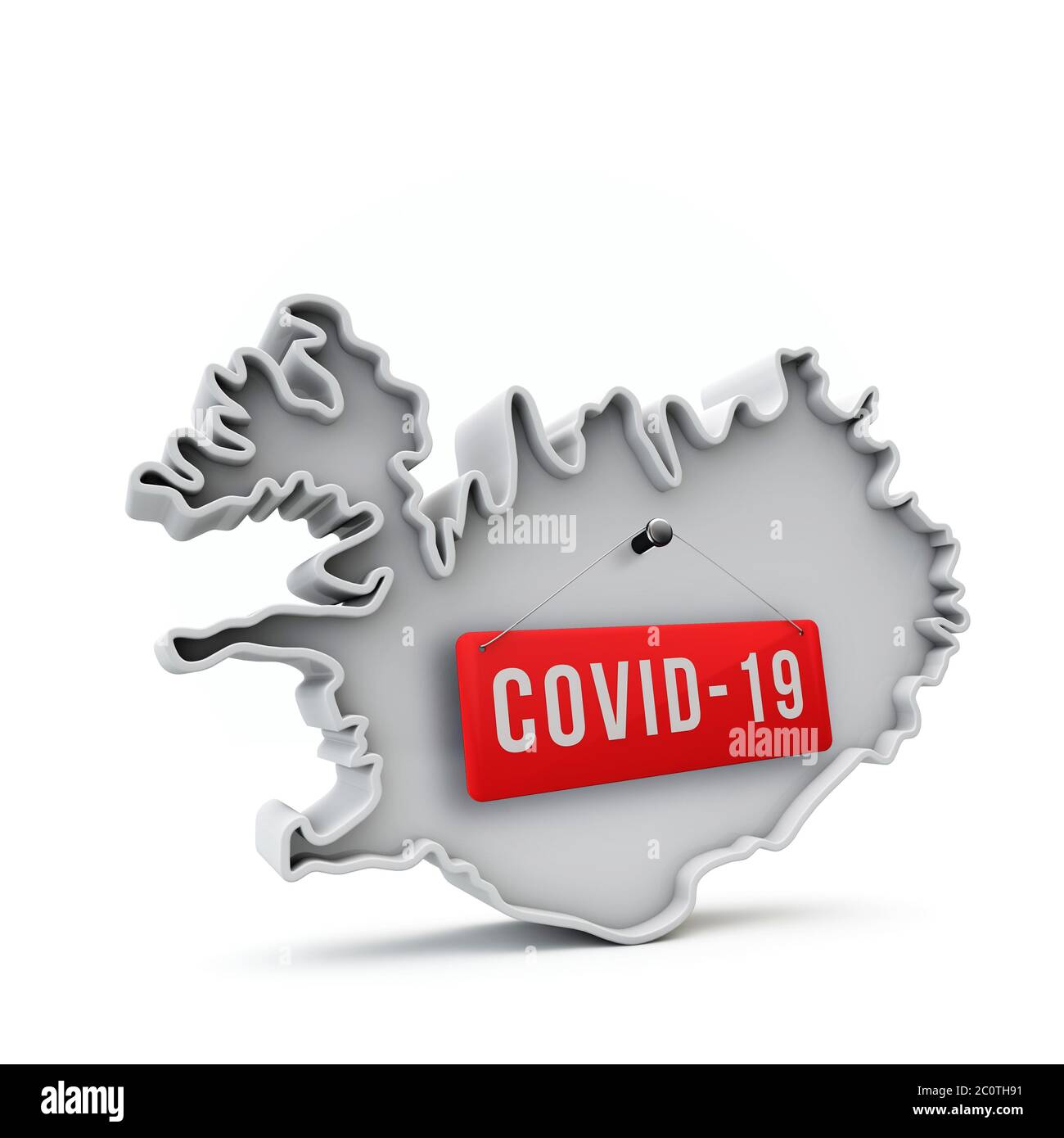 Islande carte 3D simple avec label rouge Covid-19 rendu 3D. Banque D'Images