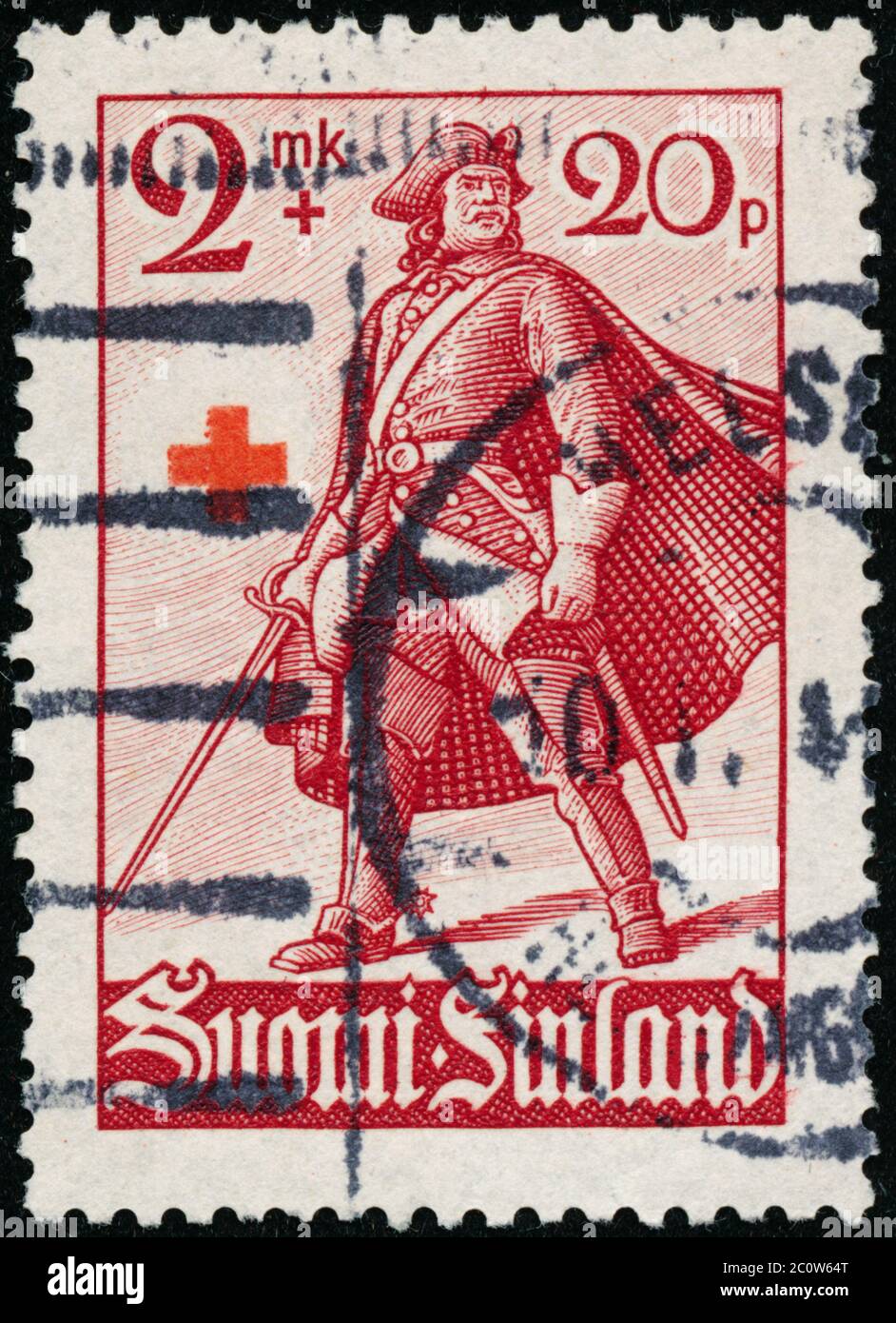 POLTAVA, UKRAINE - 12 juin 2020. Timbre vintage imprimé en Finlande vers 1940 montre la Croix-Rouge charité - soldats Banque D'Images