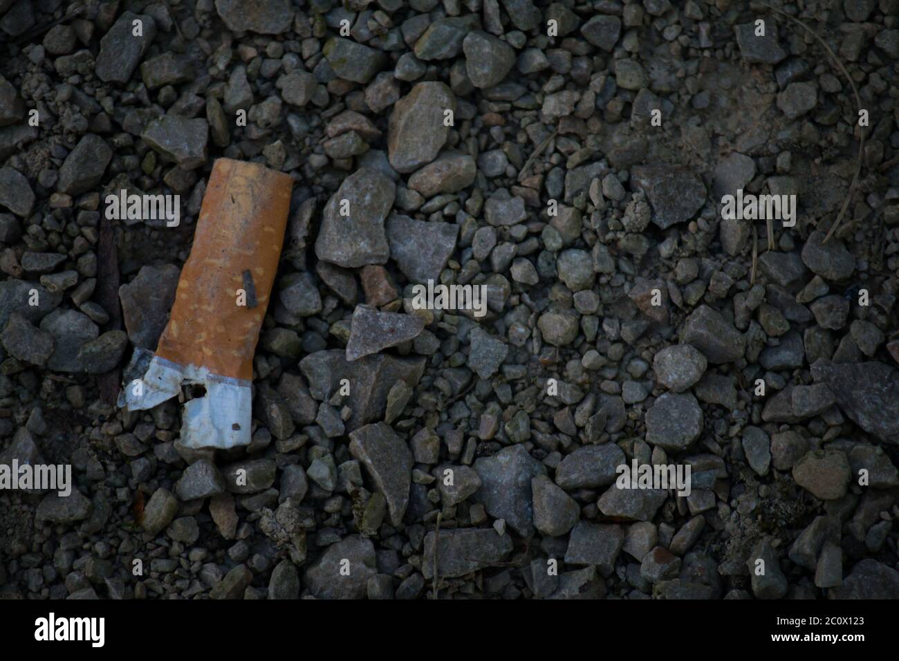 Cigarette usagée posée sur le sol Banque D'Images