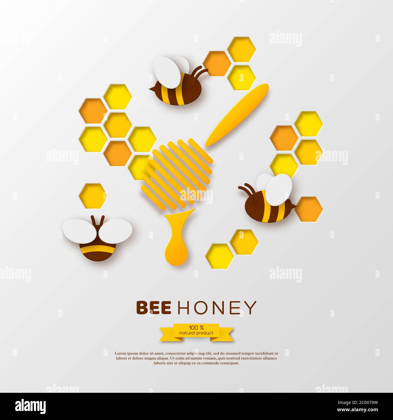 Abeille avec des peignes et un balancier, style de coupe de papier. Modèle de conception pour l'apiculture et le produit de miel. Fond blanc, illustration vectorielle. Illustration de Vecteur