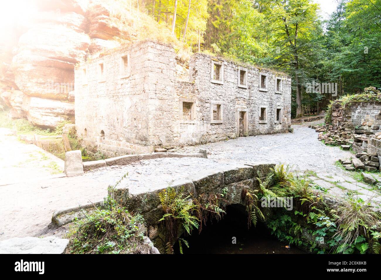 Ruines du moulin de Dolsky, Dolsky mlyn, à la rivière Kamenice dans le parc national de la Suisse de Bohême, République tchèque. Banque D'Images