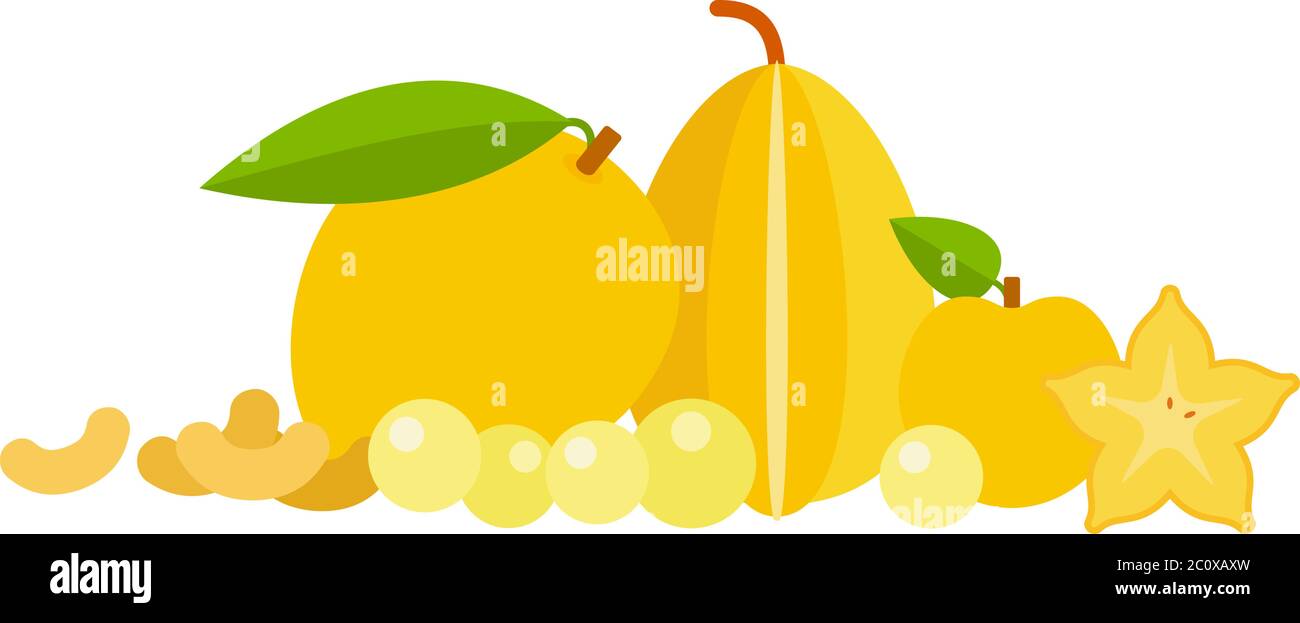 Ensemble de fruits exotiques de couleur jaune et noix de cajou isolées à plat Illustration de Vecteur