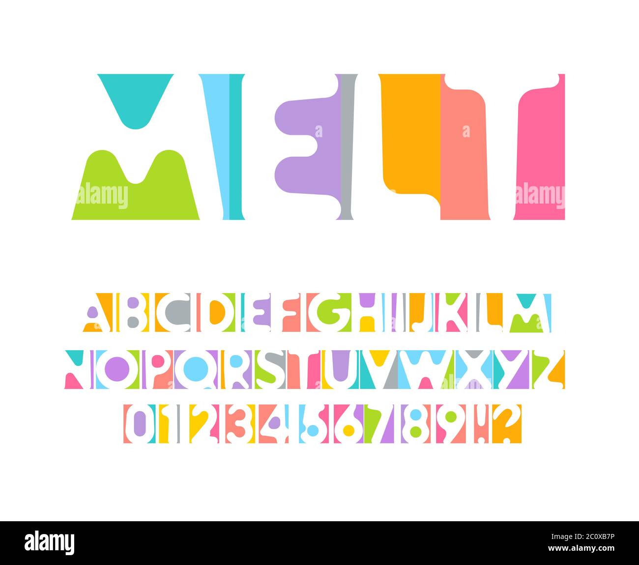 Jeu de lettres et de chiffres colorés. Alphabet latin vectoriel coloré. Police de couleur arc-en-ciel. Applique en papier couleur ABC, monogramme d'espace négatif et affiche Illustration de Vecteur
