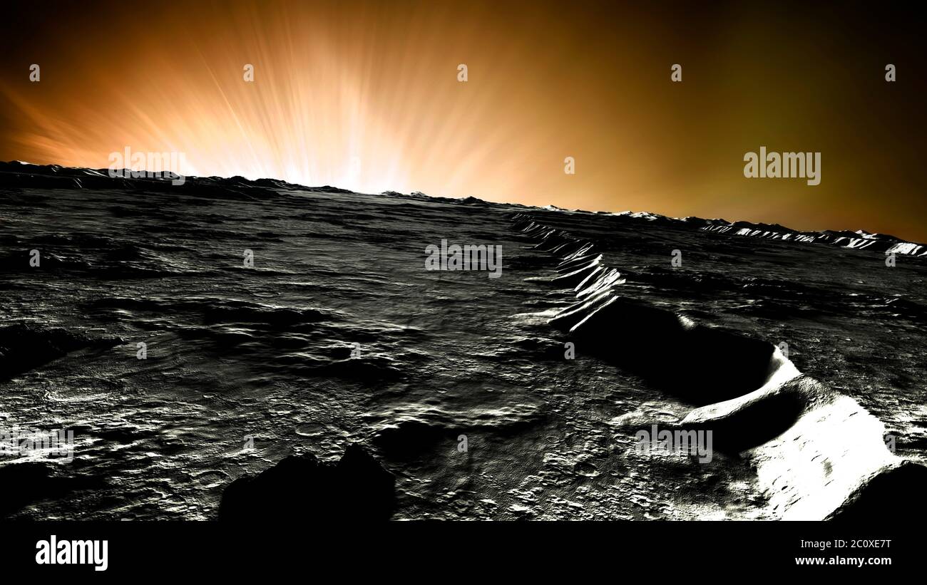 Œuvres d'art de la couronne solaire, vue de la surface de Mercure. À droite se trouve une escarpe, une falaise géologique qui ressemble à une peur, que l'on retrouve sur cette planète. La planète la plus clostère du Soleil, Mercure possède la gamme la plus extrême de température de surface du système solaire. Banque D'Images