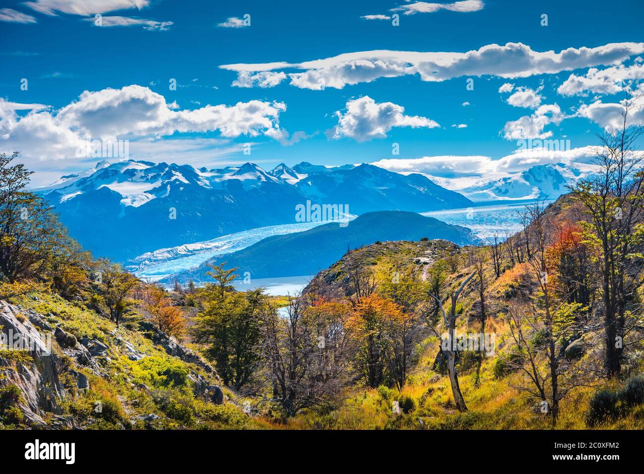 Vue panoramique du parc national Torres del Paine, ses lagons et ses glaciers, Patagonie, Chili, journée ensoleillée, ciel bleu Banque D'Images