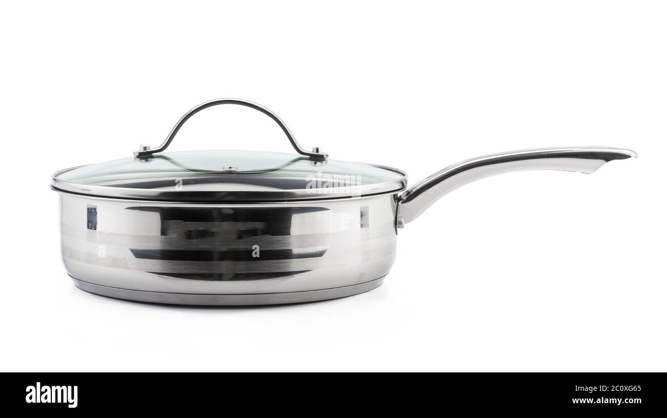 poêle en acier inoxydable avec isolé sur blanc Banque D'Images