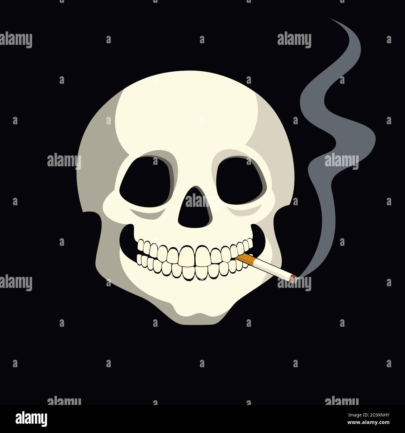 Illustration vectorielle d'un crâne humain avec une cigarette brûlante entre ses dents. Illustration de Vecteur