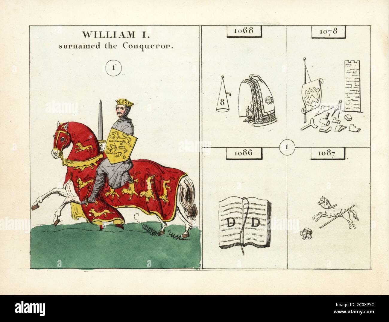 Portrait du roi Guillaume I d'Angleterre, avec emblèmes. William le Conquérant est montré en armure de chainmail sur un cheval avec des armoiries de caparison. Les emblèmes indiquent son COUVRE-feu DE 20H, la construction de la Tour de Londres, le Livre de Domesday et la mort en chute d'un cheval en 1087. Gravure en acier à la main, d'après une illustration de Mary Ann Rundall d'UNE histoire symbolique de l'Angleterre, des débuts au règne de William IV, J.H. Truchy, Paris, 1839. Mary Ann Rundall était enseignante de jeunes femmes à Bath et publia son livre d'emblèmes mnémoniques en 1815. Banque D'Images
