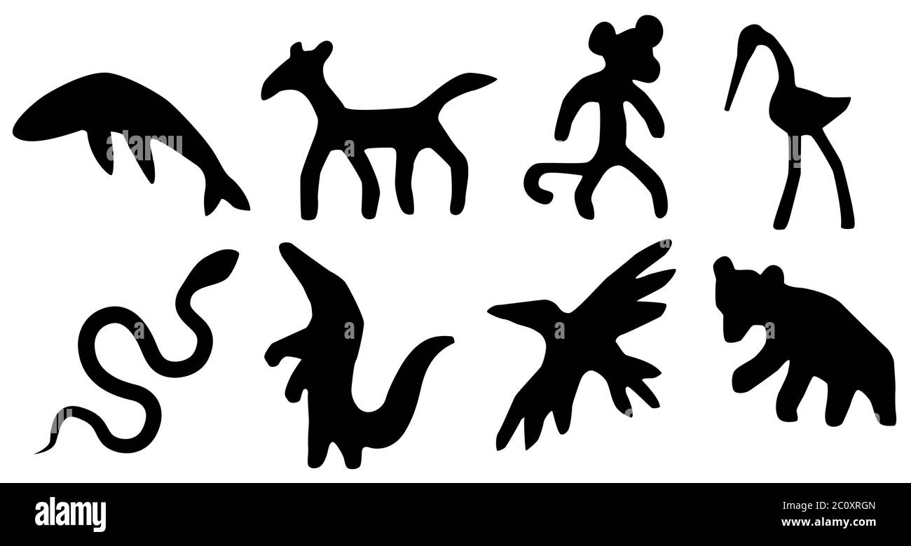 Formes animales pochoirs primitifs ensemble noir, illustration vectorielle, horizontal, isolé Illustration de Vecteur