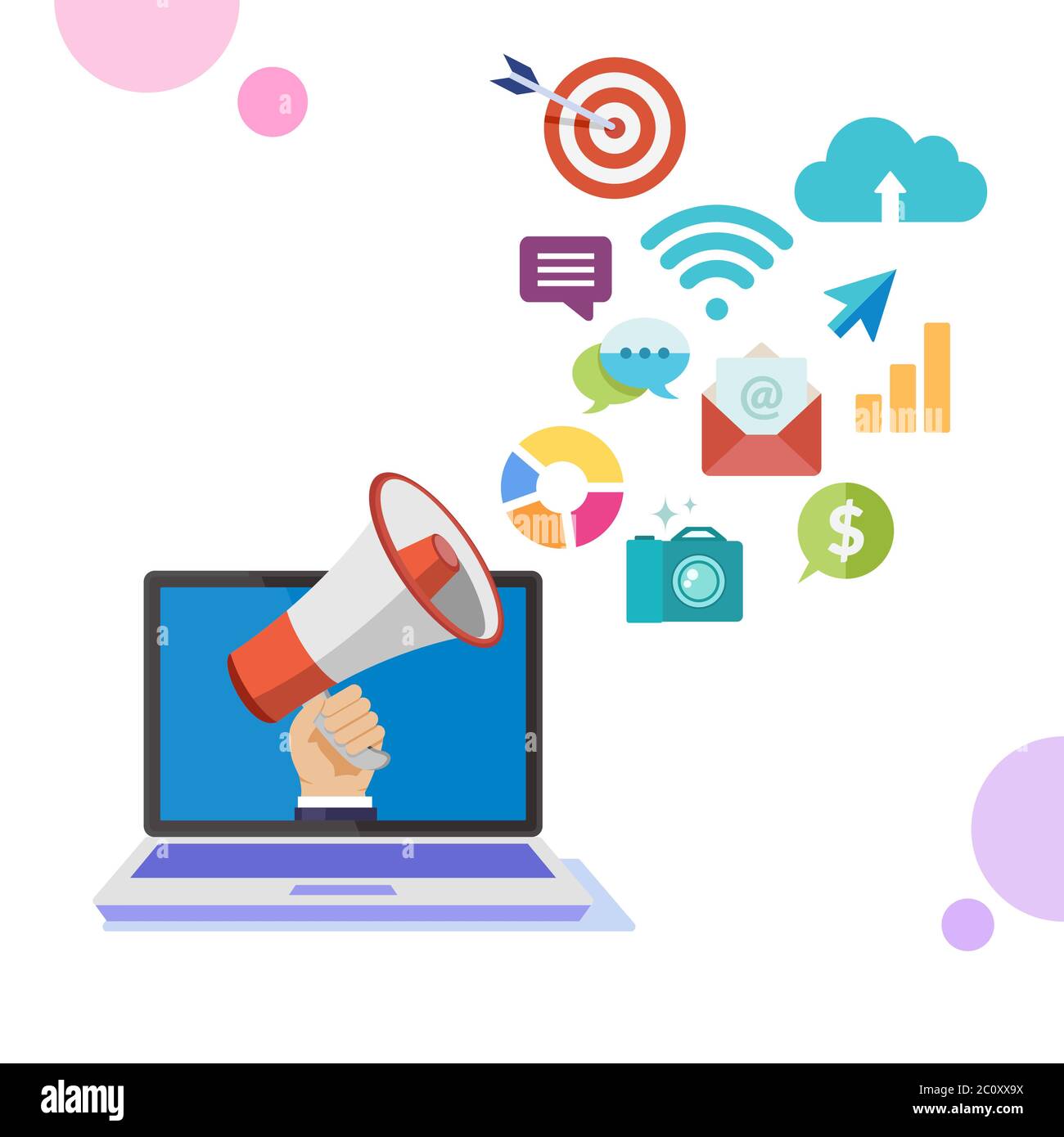 Illustration vectorielle de la stratégie de marketing en ligne avec la plateforme de service multimédia. Plans de promotion des services aux entreprises. Produit de marketing Internet supérieur. Illustration de Vecteur
