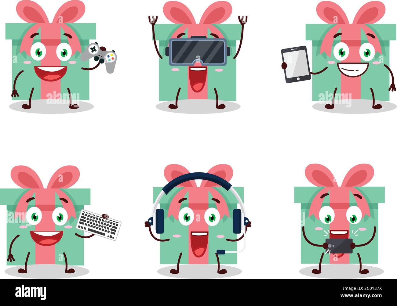 Le personnage de dessin animé de cadeau joue à des jeux avec diverses émoticônes mignons Illustration de Vecteur