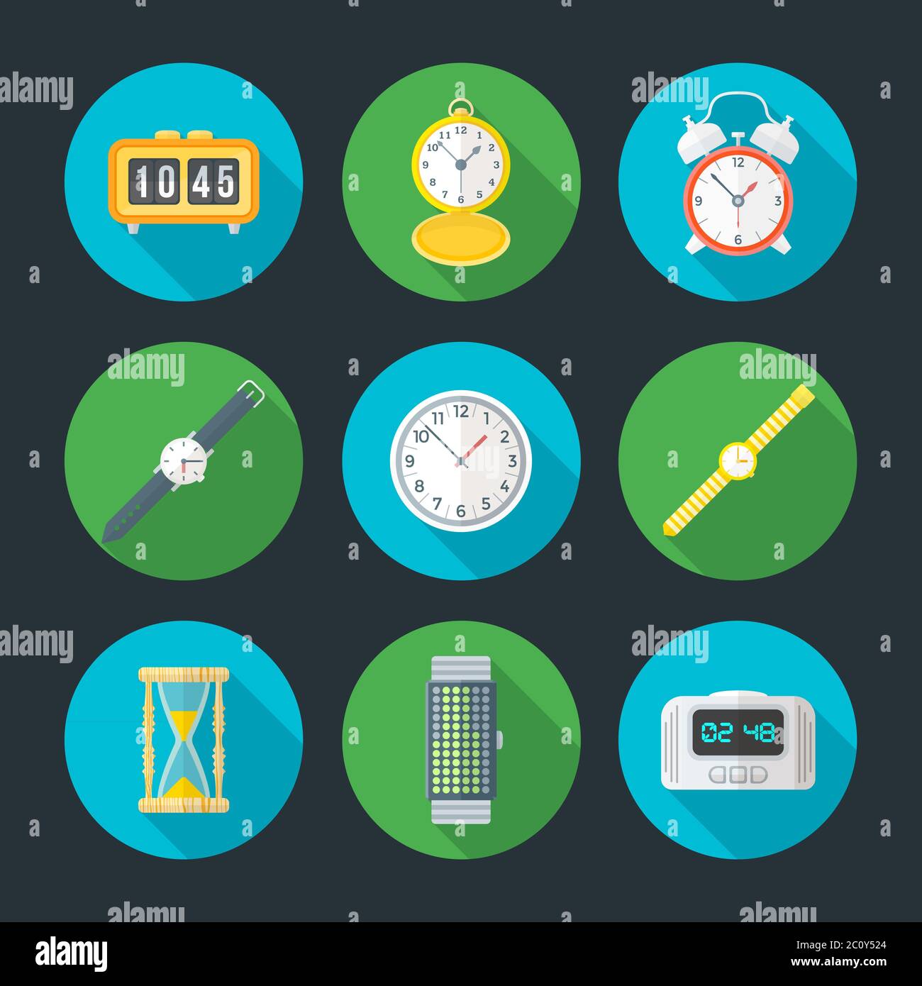 jeu d'icônes d'horloge à motif vectoriel plat Banque D'Images