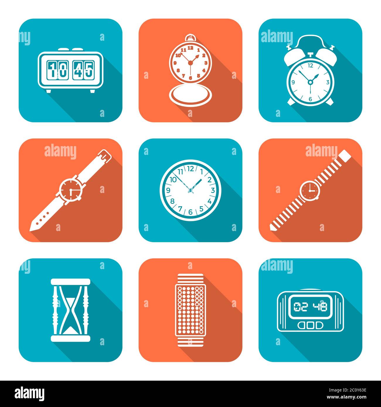 couleur blanche style plat diverses montres horloges icônes ensemble Banque D'Images