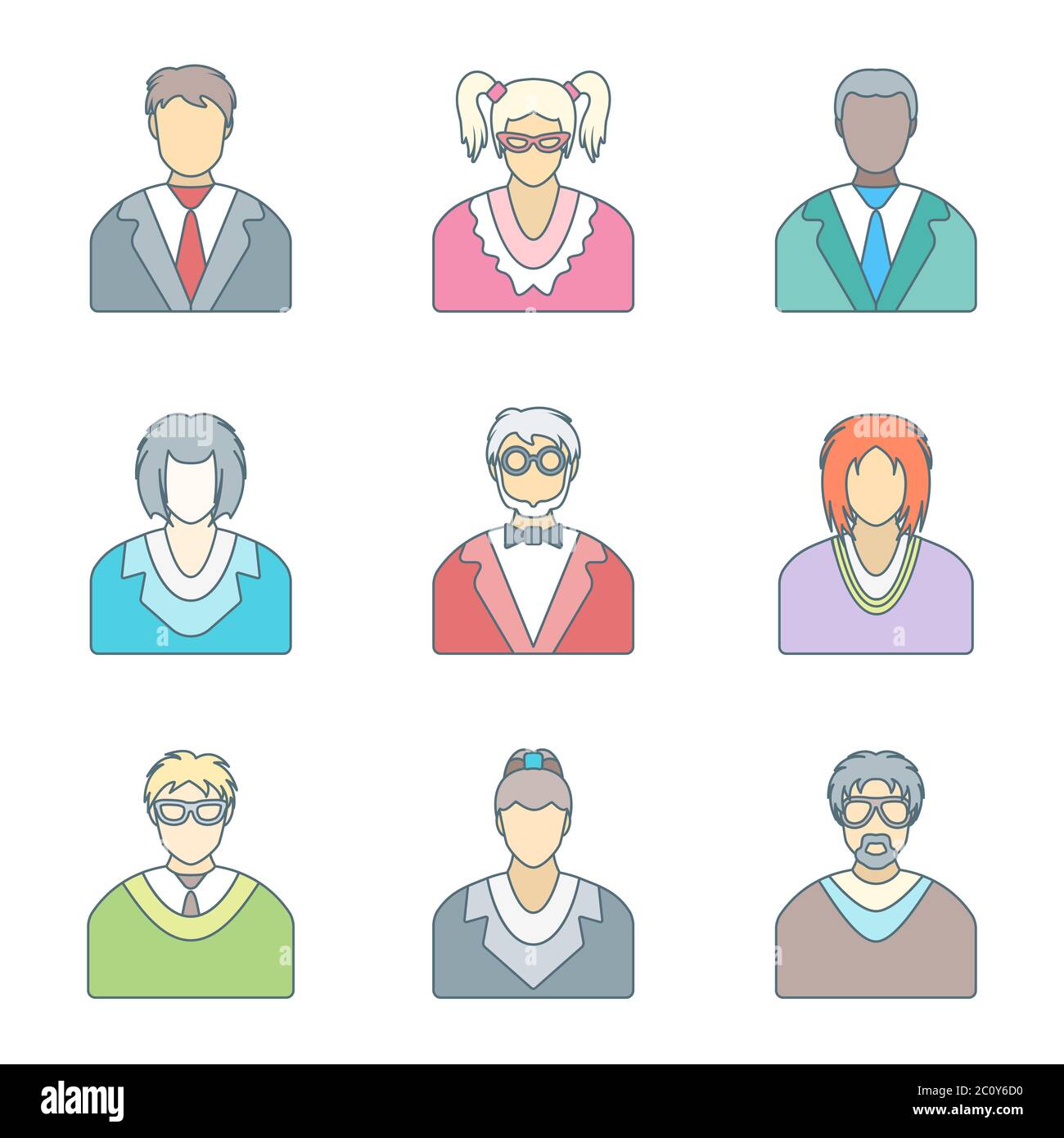 différentes couleurs contours personnes dans les lunettes icônes ensemble Banque D'Images