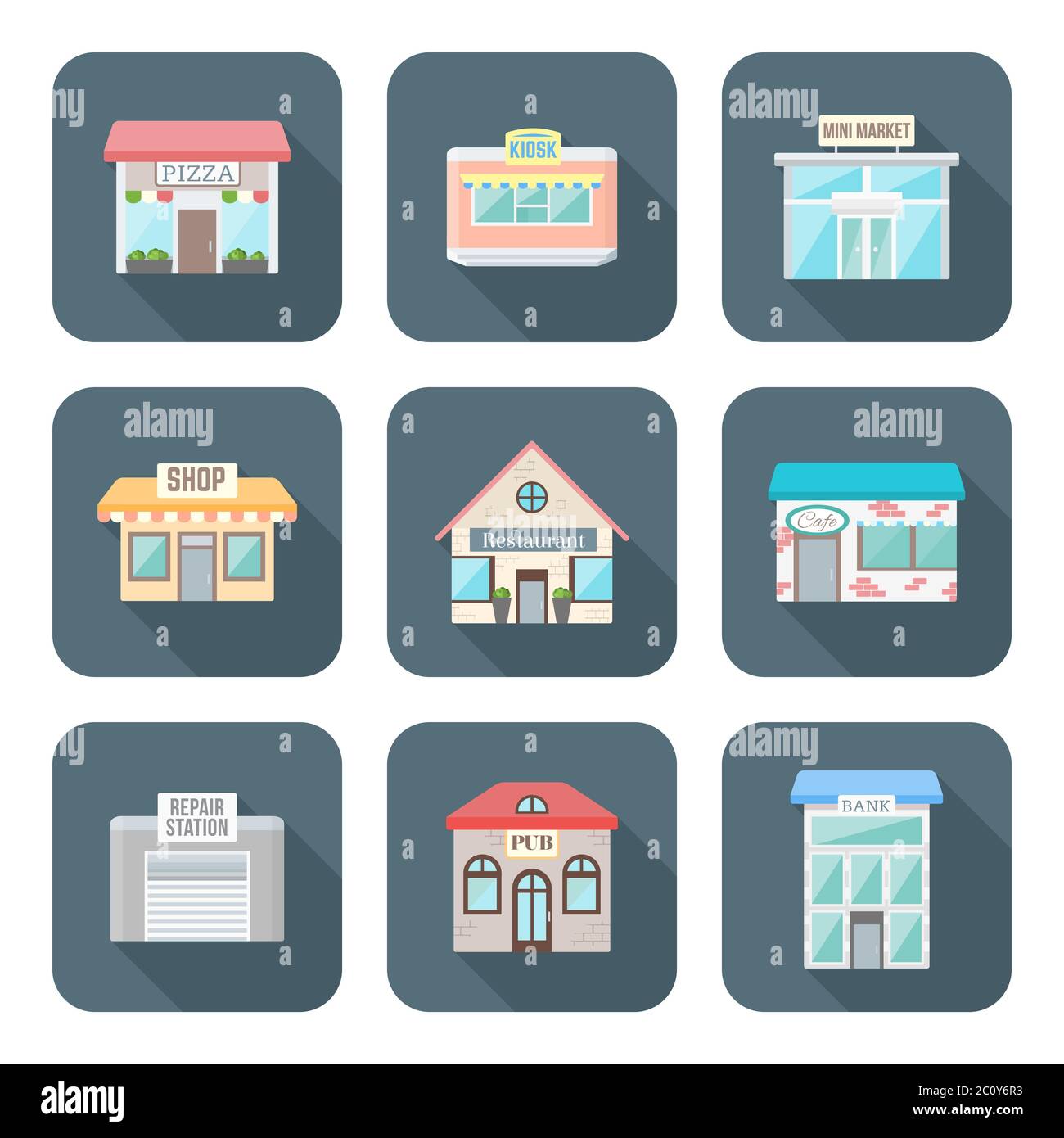 style plat de couleur vectorielle divers bâtiments icônes ensemble Banque D'Images