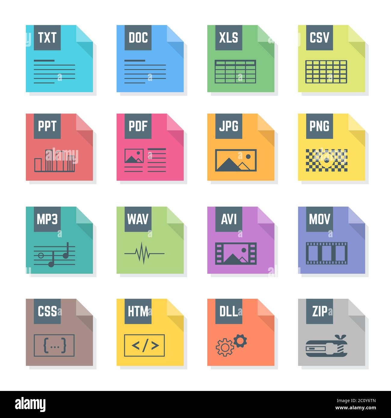 divers formats de fichier couleur de style plat icônes ensemble avec des illustrations Banque D'Images