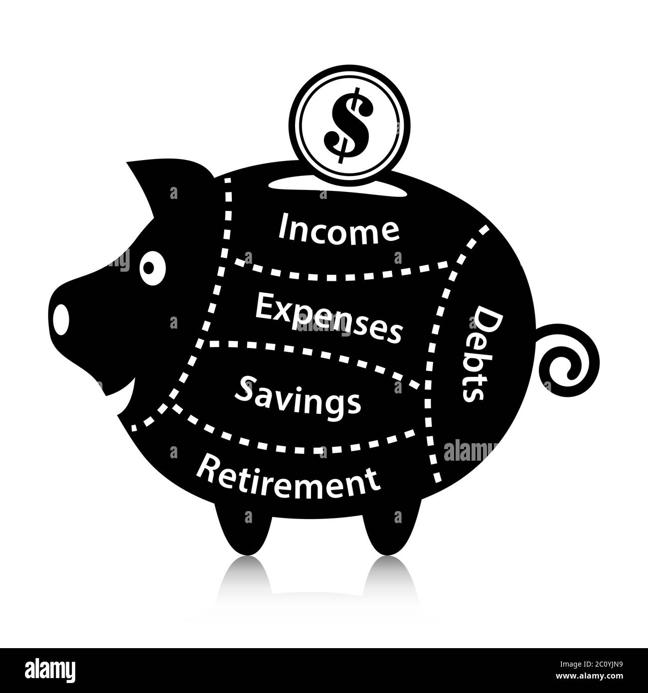 Concept de plan financier personnel. Argent tombant dans une banque de porc heureuse comme revenu. Le concept des dépenses, de l'épargne, des dettes et des fonds de retraite. Illustration de Vecteur
