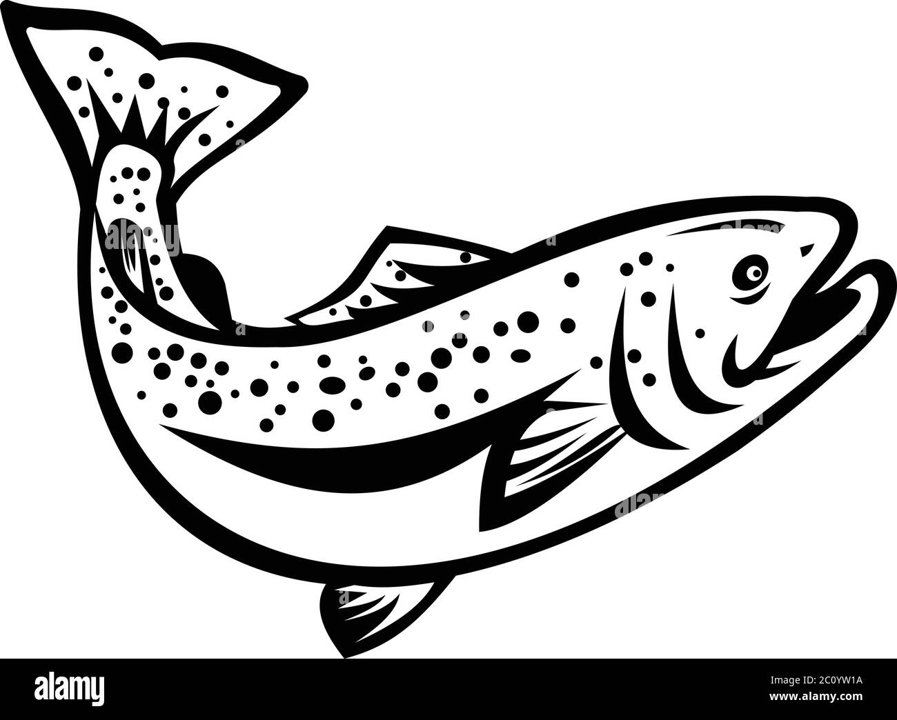 Illustration de style rétro de la truite arc-en-ciel (Oncorhynchus mykiss), une espèce de salmonidés indigène aux affluents d'eau froide de l'océan Pacifique sautant u Illustration de Vecteur