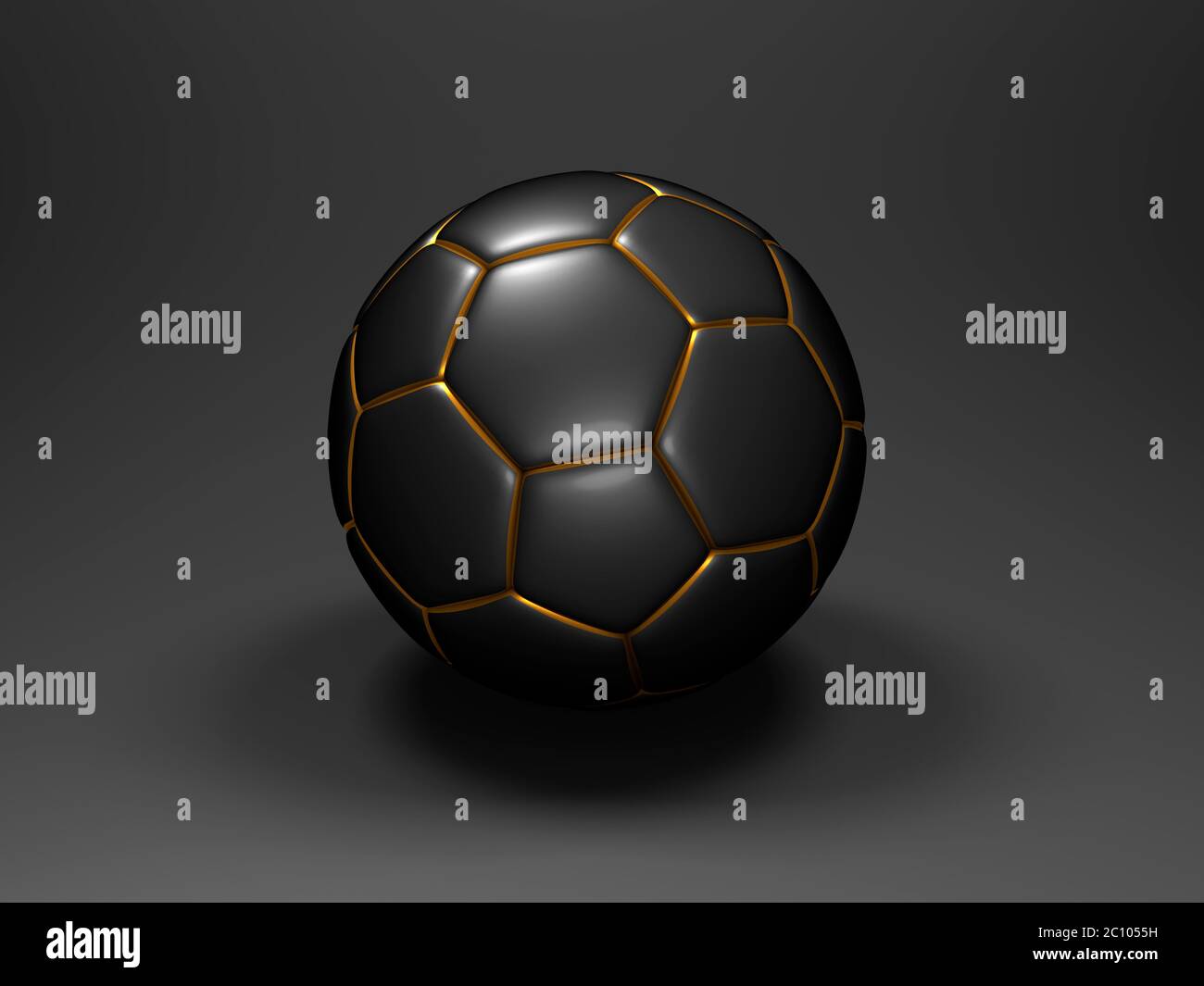 Ballon de football noir avec motif or sur fond noir avec ombre. Rendu 3D Banque D'Images